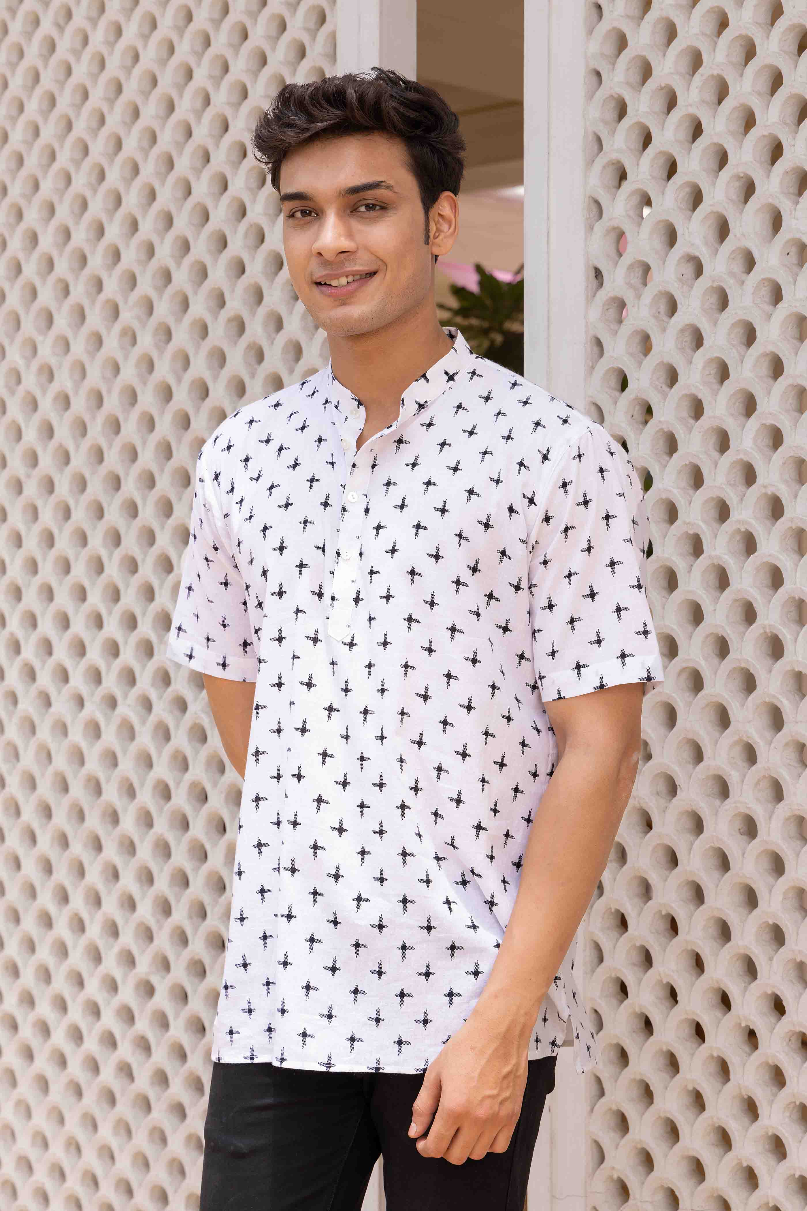 White Geometric Printed Cotton Short Kurta