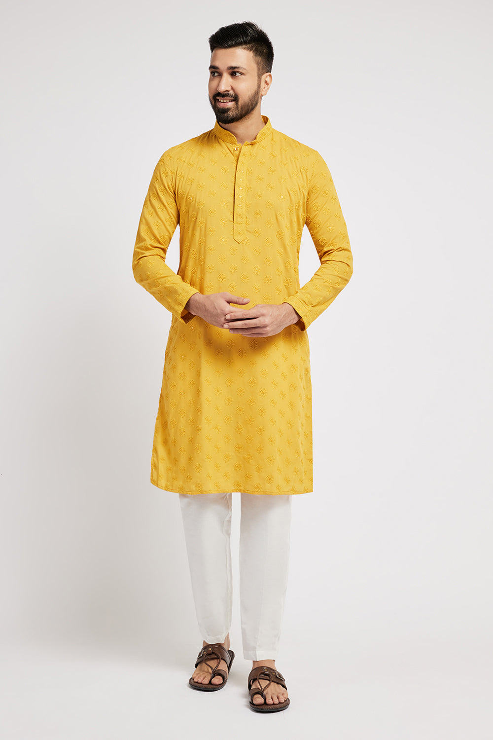 Floral Embroidered Yellow Chikankari Men's Kurta
