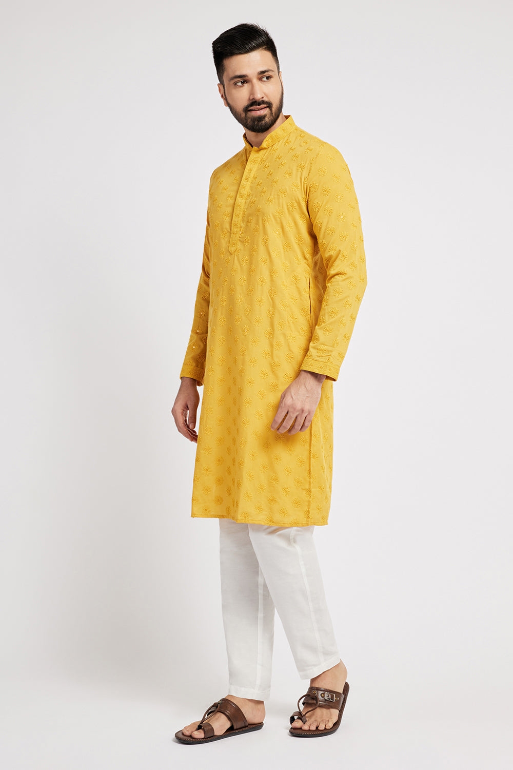 Floral Embroidered Yellow Chikankari Men's Kurta