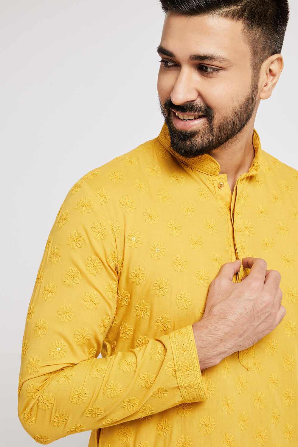 Floral Embroidered Yellow Chikankari Men's Kurta