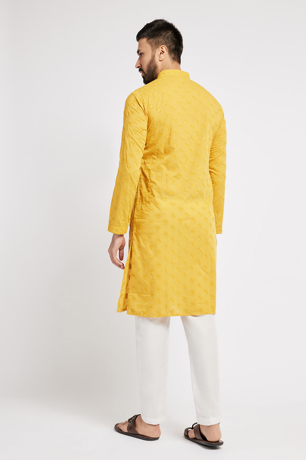 Floral Embroidered Yellow Chikankari Men's Kurta