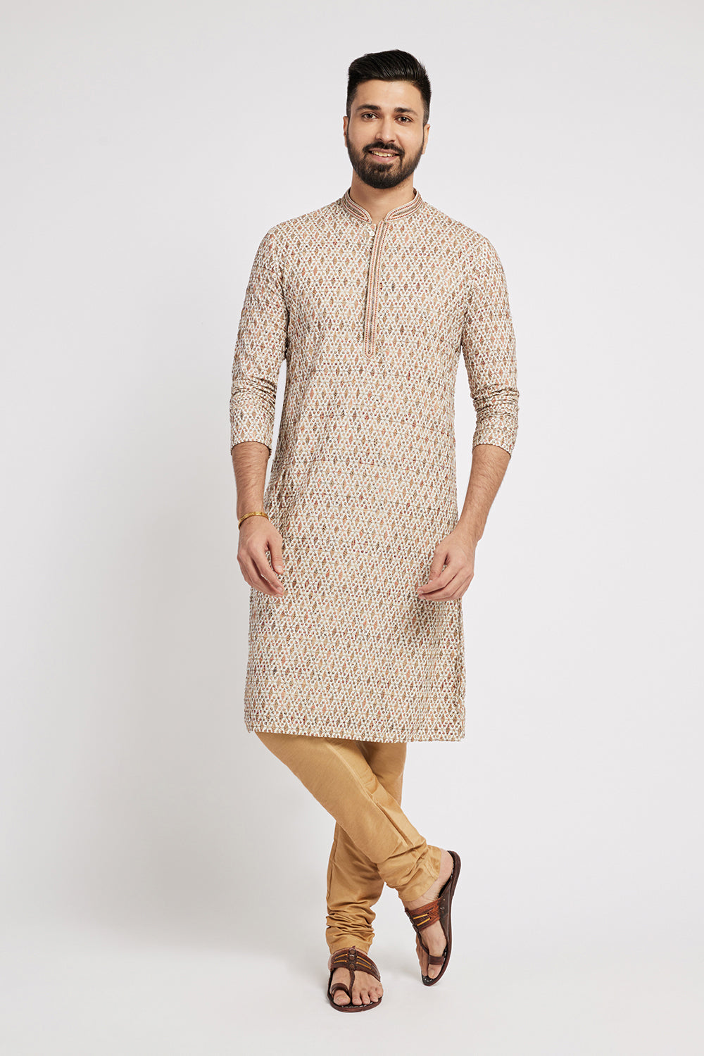 Chikankari Printed Beige Men's Kurta