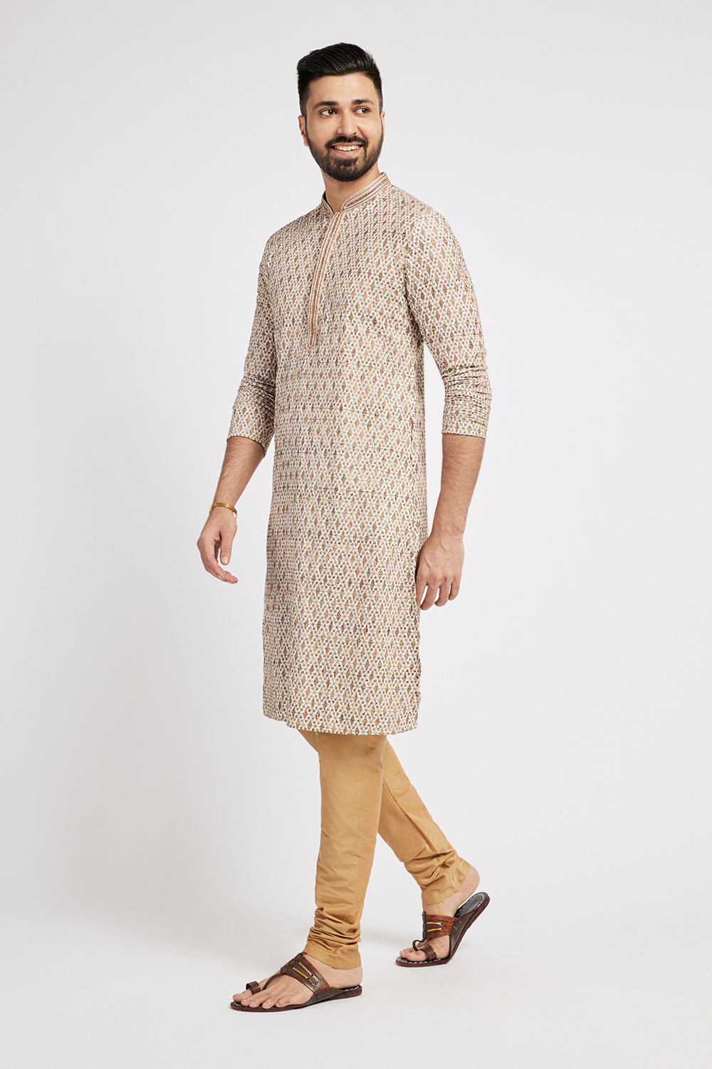 Chikankari Printed Beige Men's Kurta
