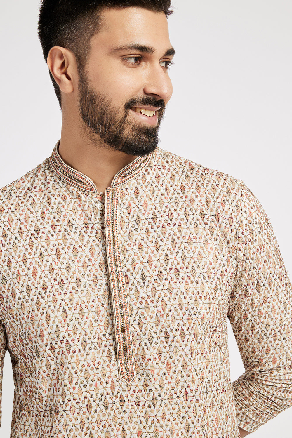 Chikankari Printed Beige Men's Kurta