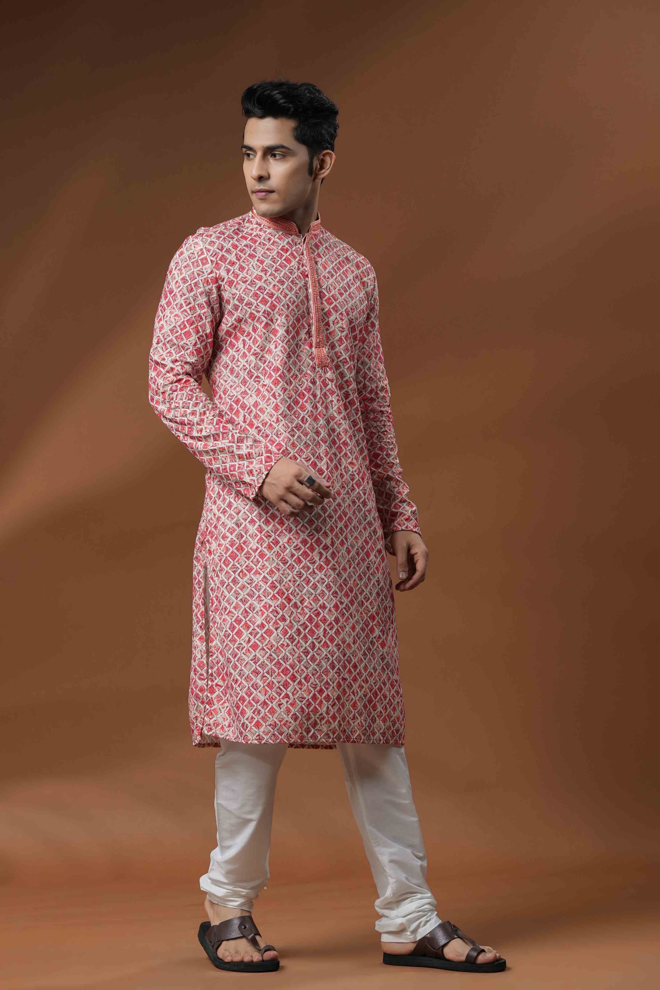 Red Chikankari Printed Kurta