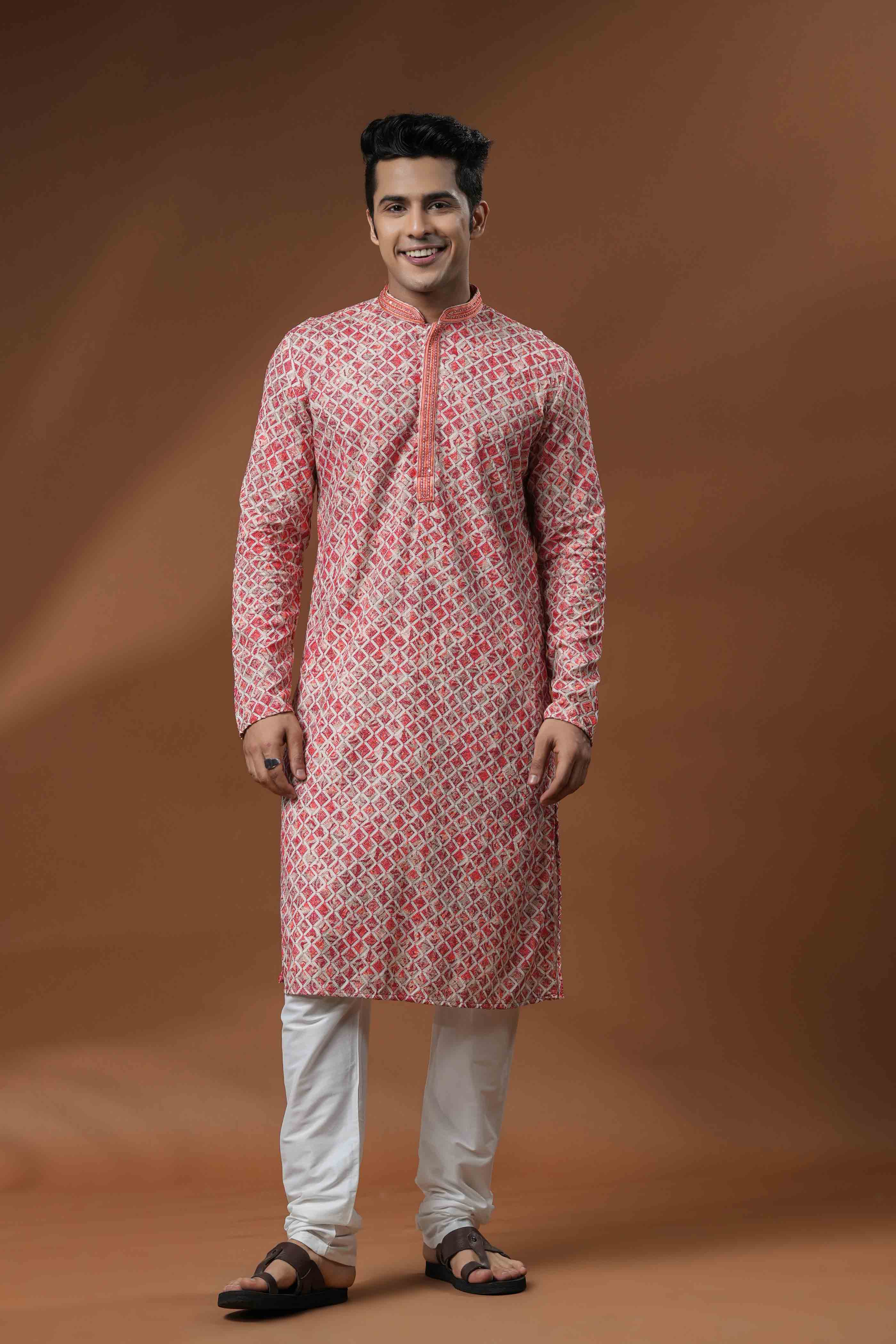 Red Chikankari Printed Kurta