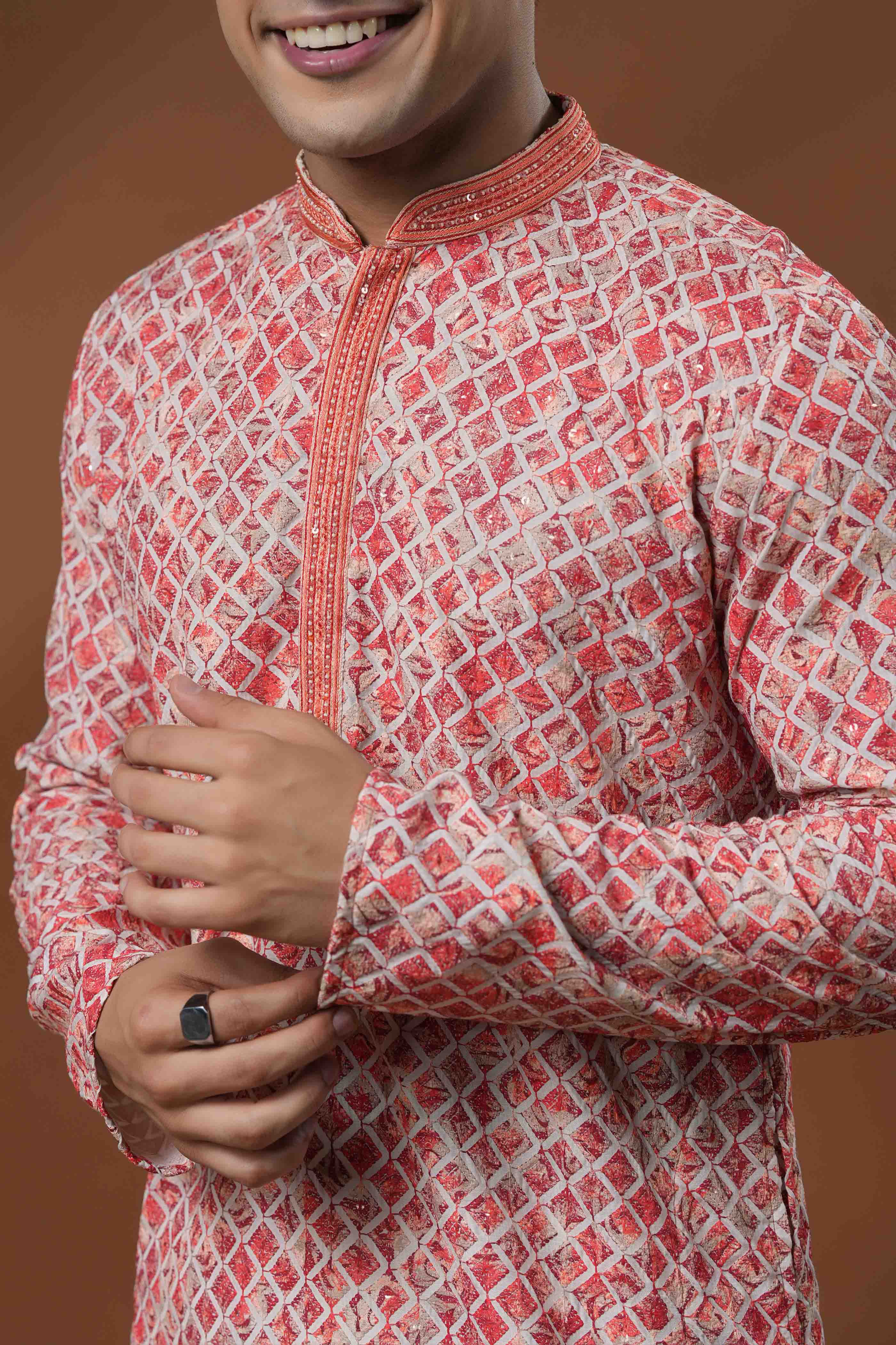Red Chikankari Printed Kurta
