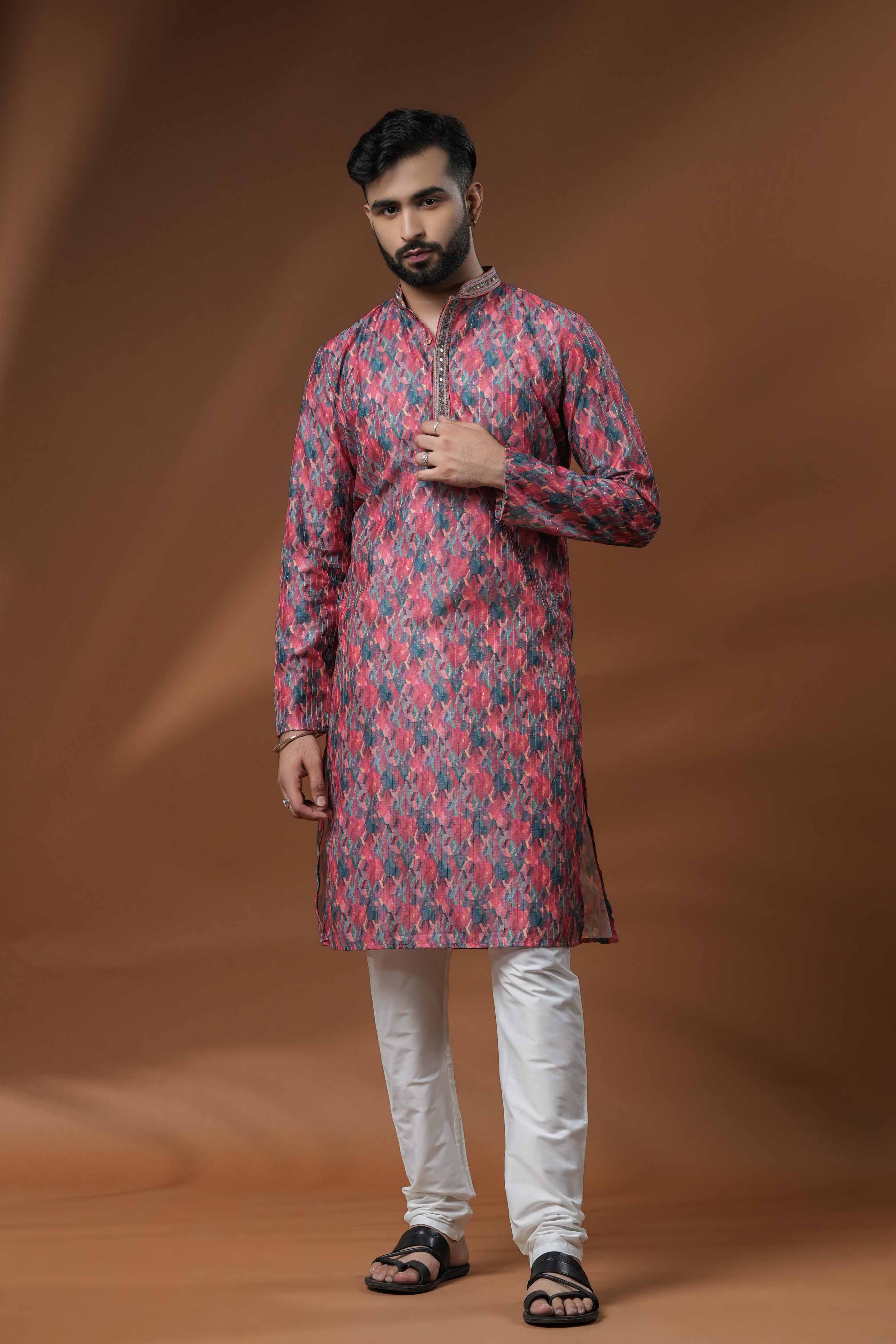 Red Geometric Printed Sequence Kurta