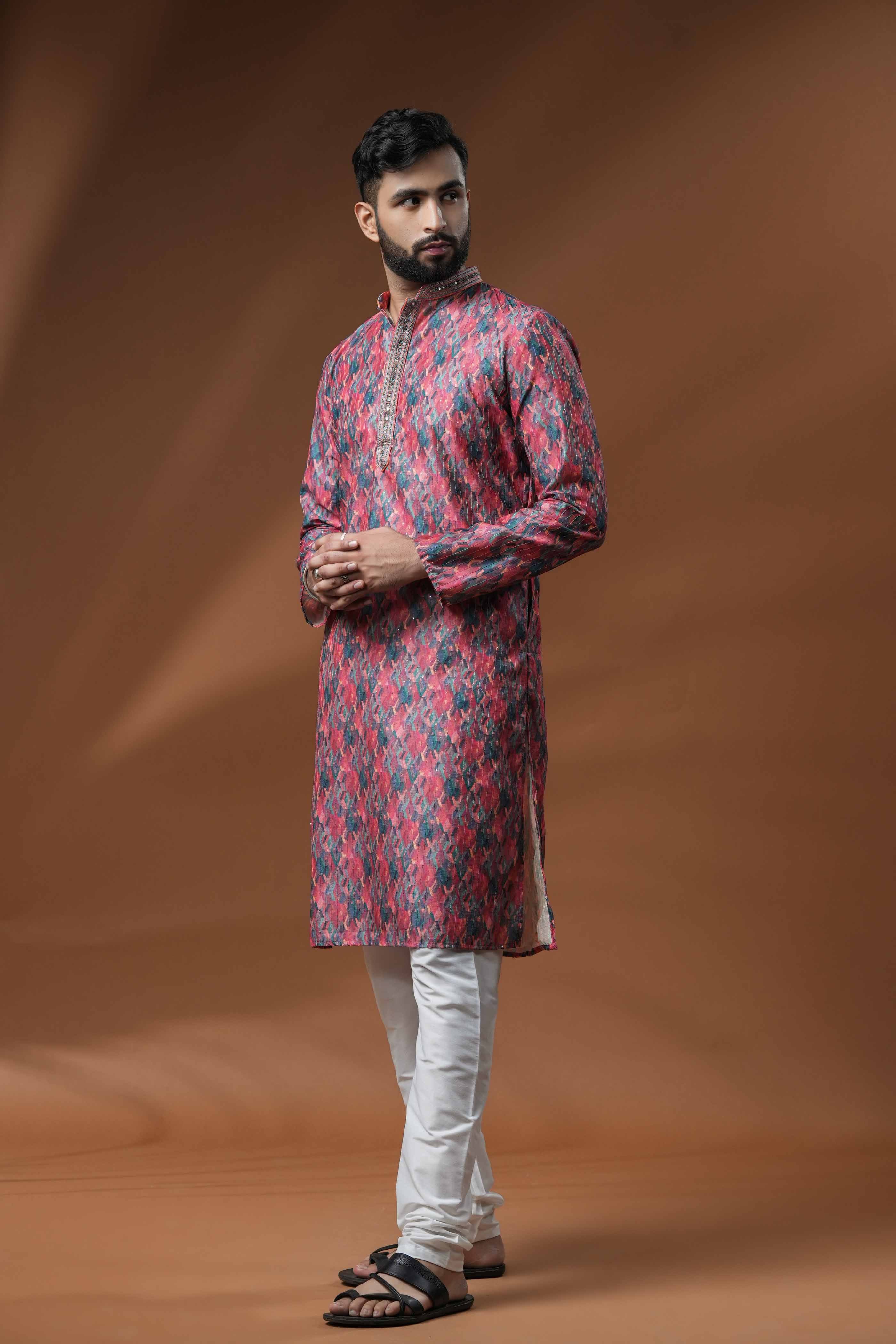 Red Geometric Printed Sequence Kurta