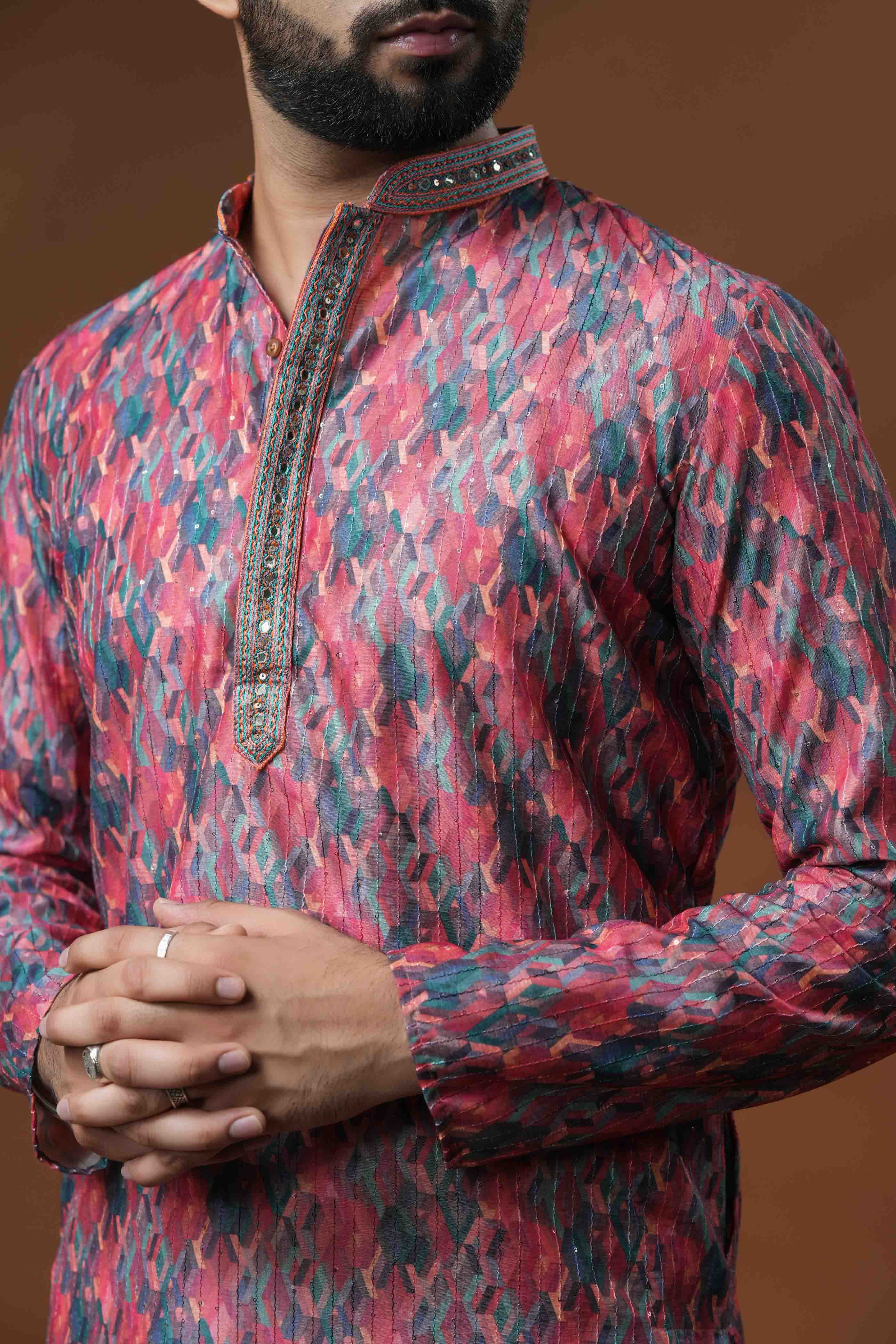 Red Geometric Printed Sequence Kurta