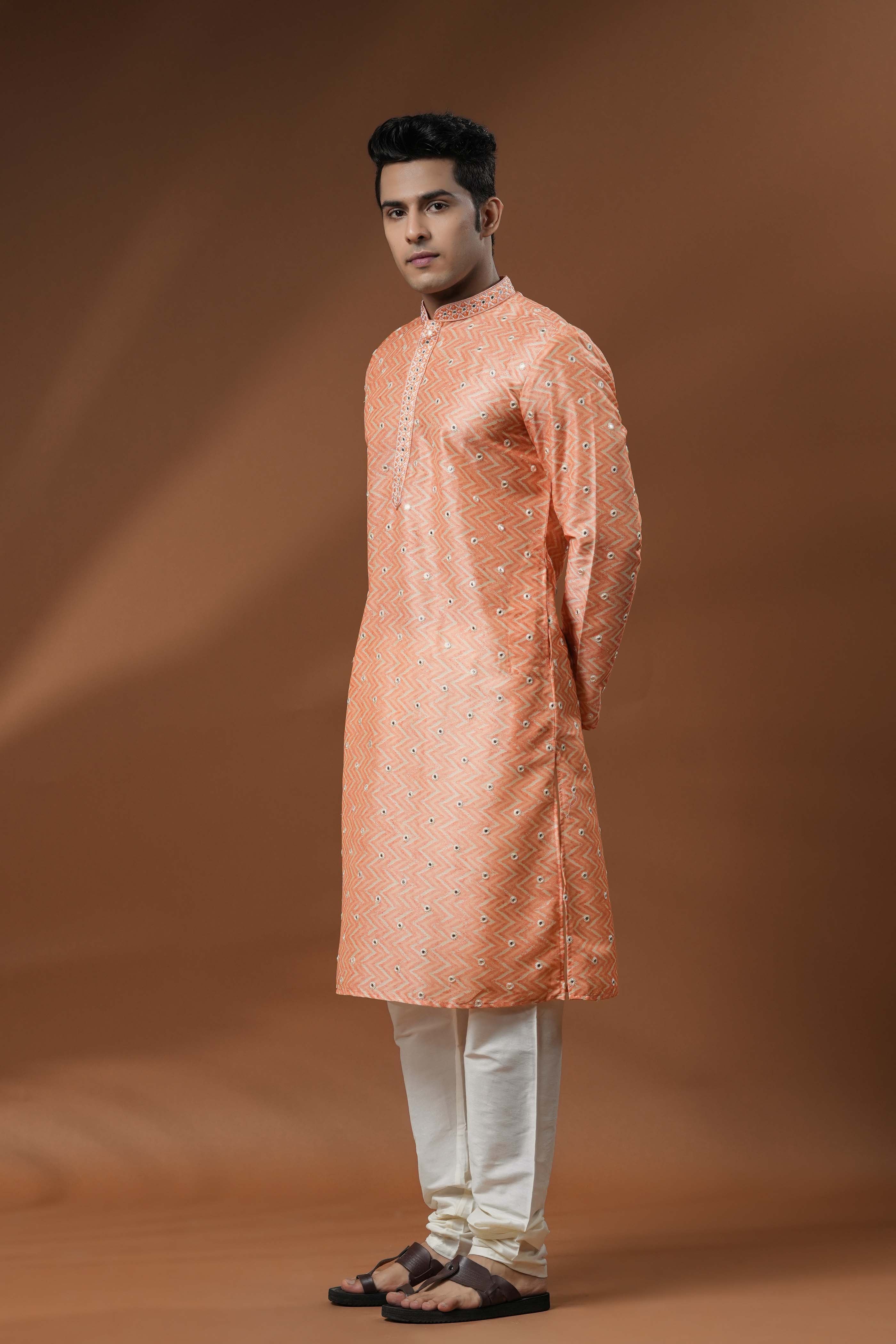 Orange Printed Mirror work Kurta