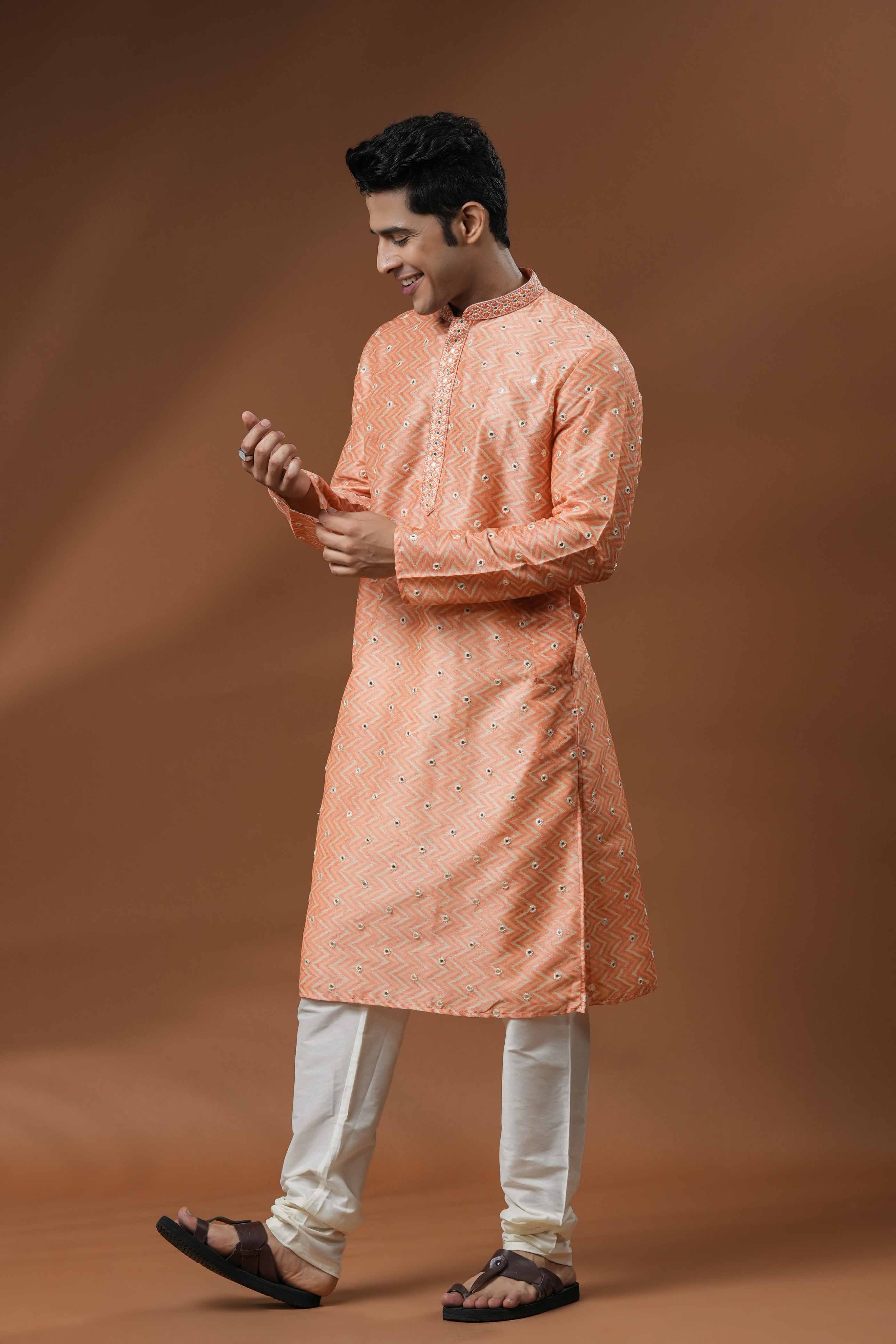 Orange Printed Mirror work Kurta