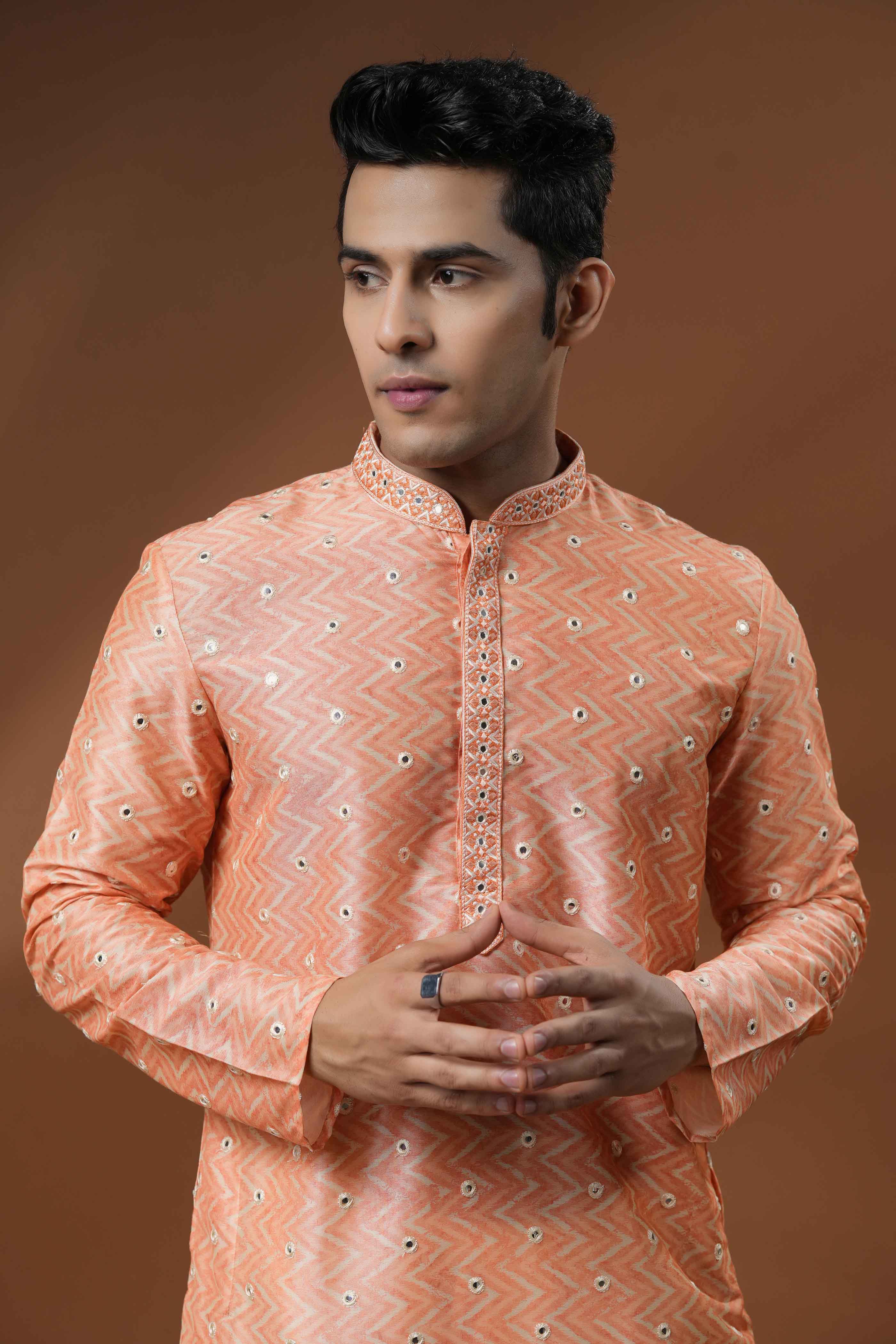 Orange Printed Mirror work Kurta