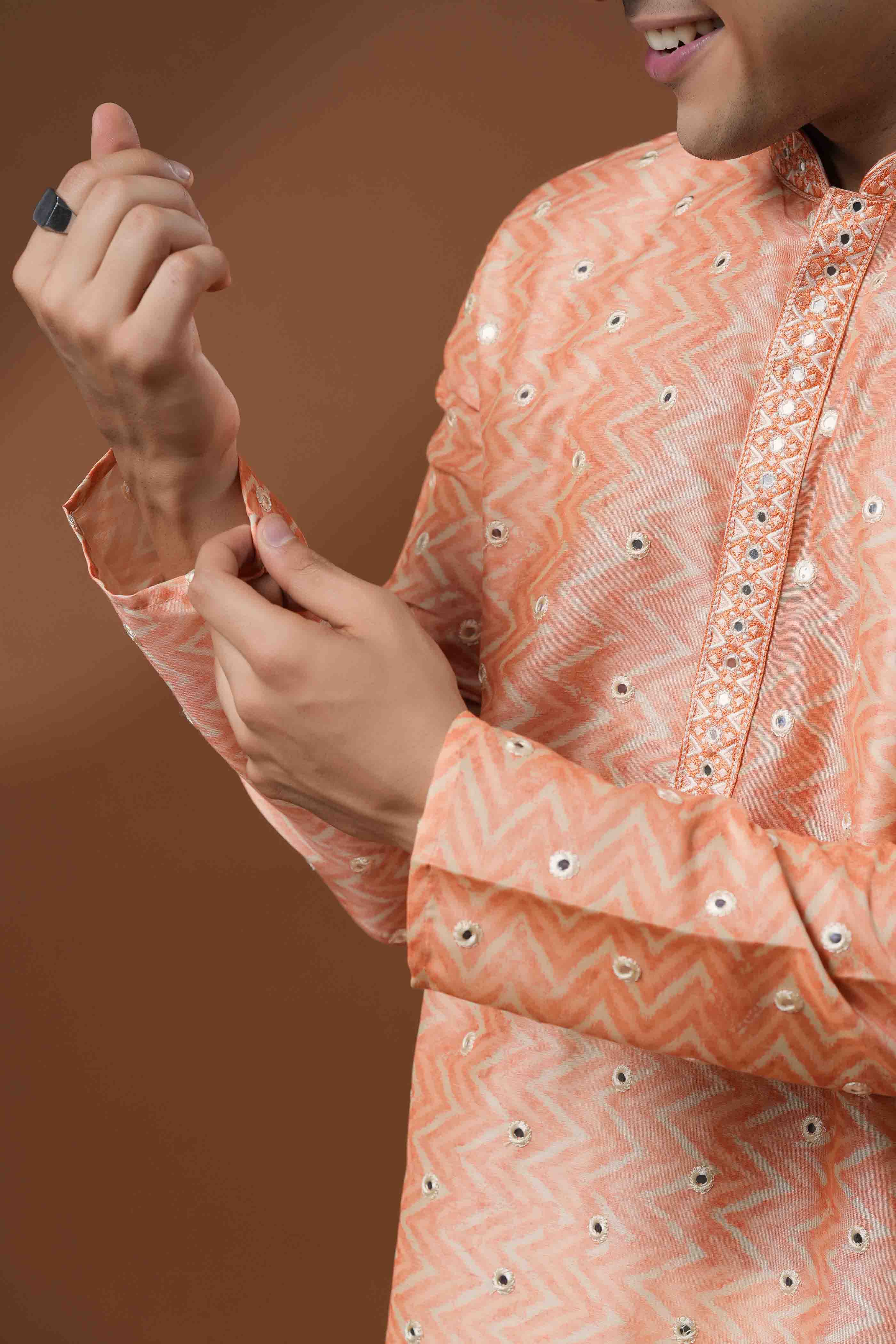 Orange Printed Mirror work Kurta