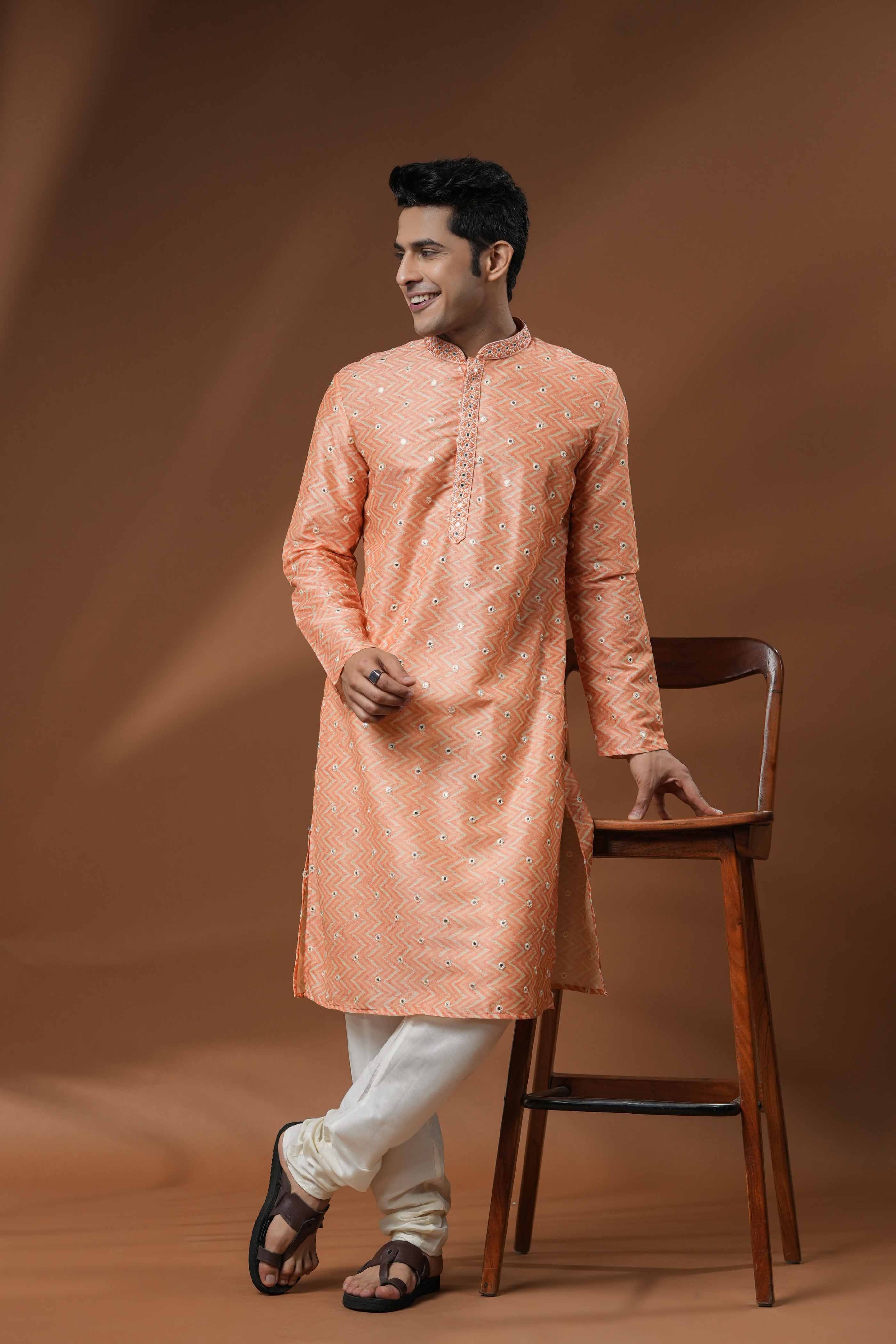 Orange Printed Mirror work Kurta