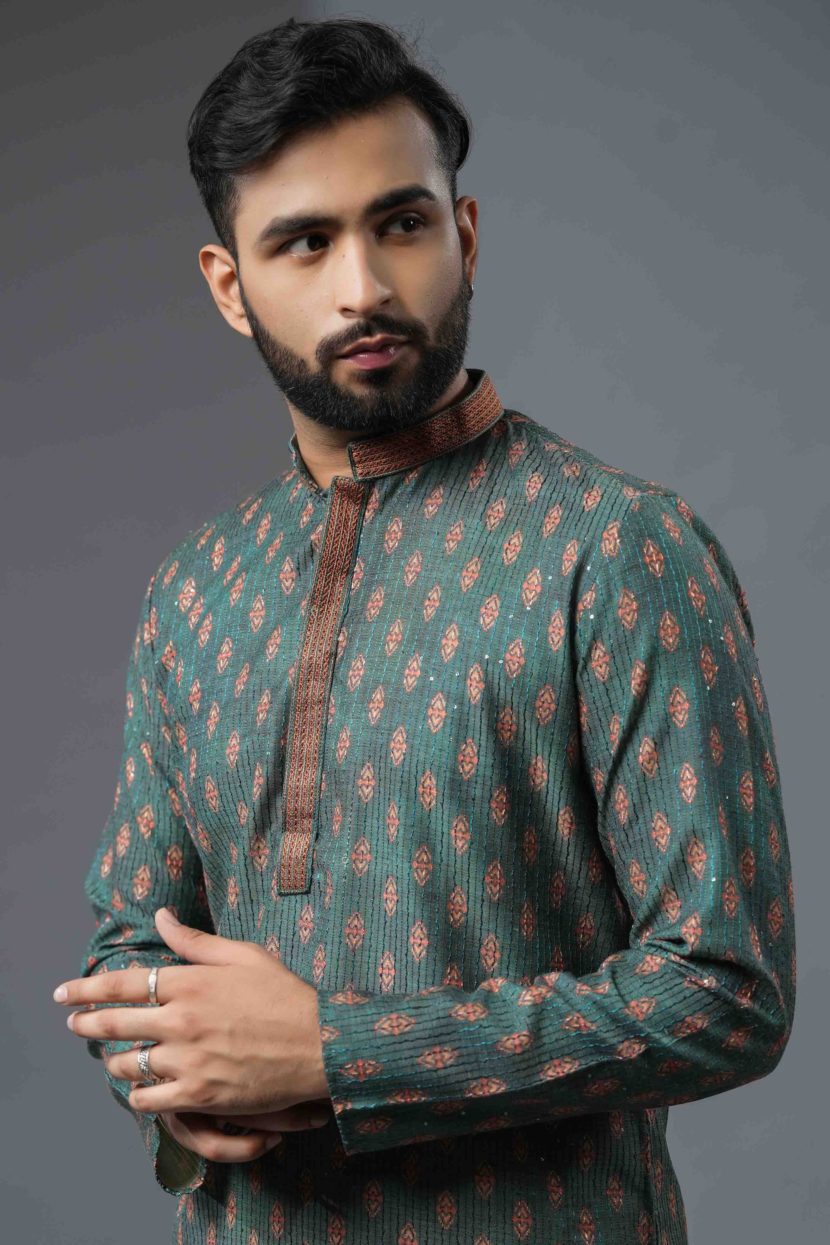 Peacock Green Geometric Printed Kurta