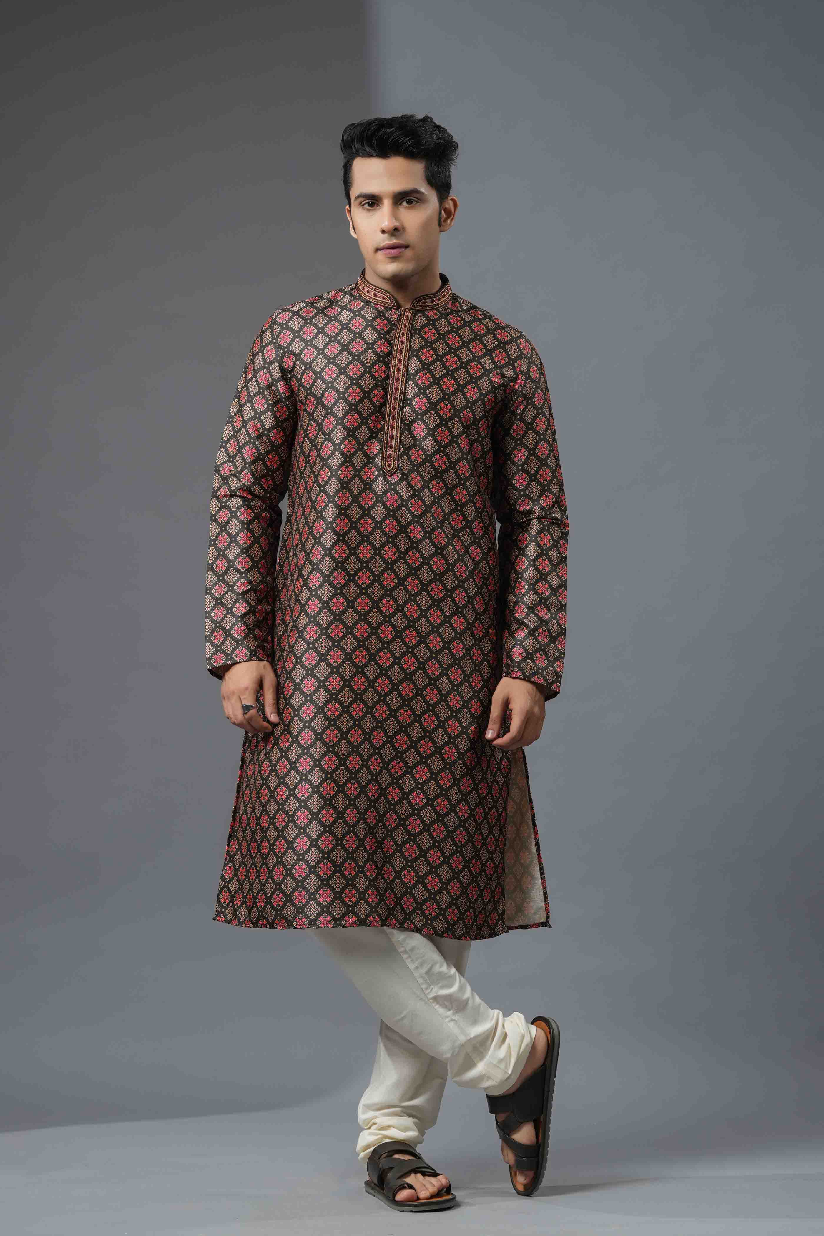Black Printed Kurta with Mirror Handwork
