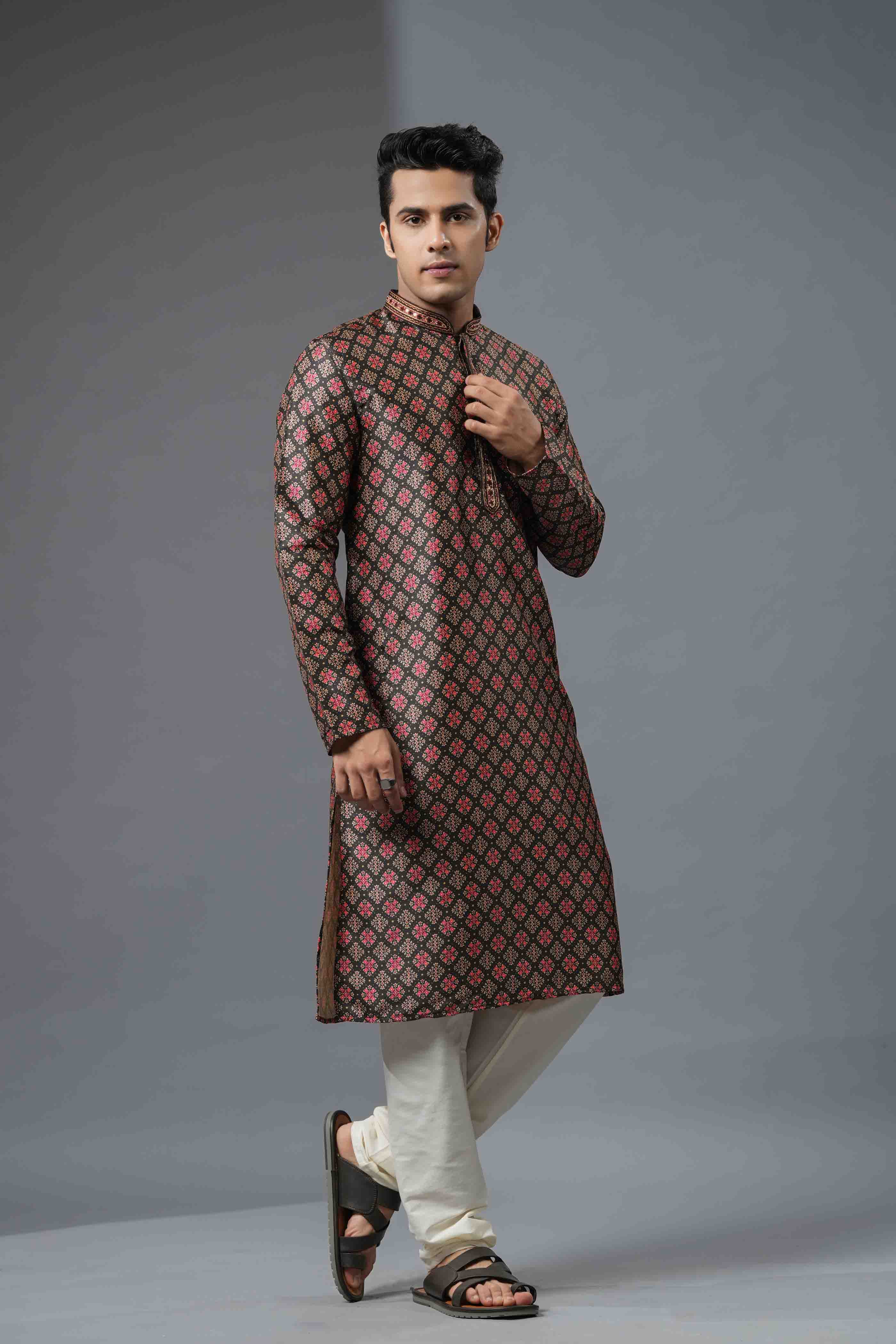Black Printed Kurta with Mirror Handwork
