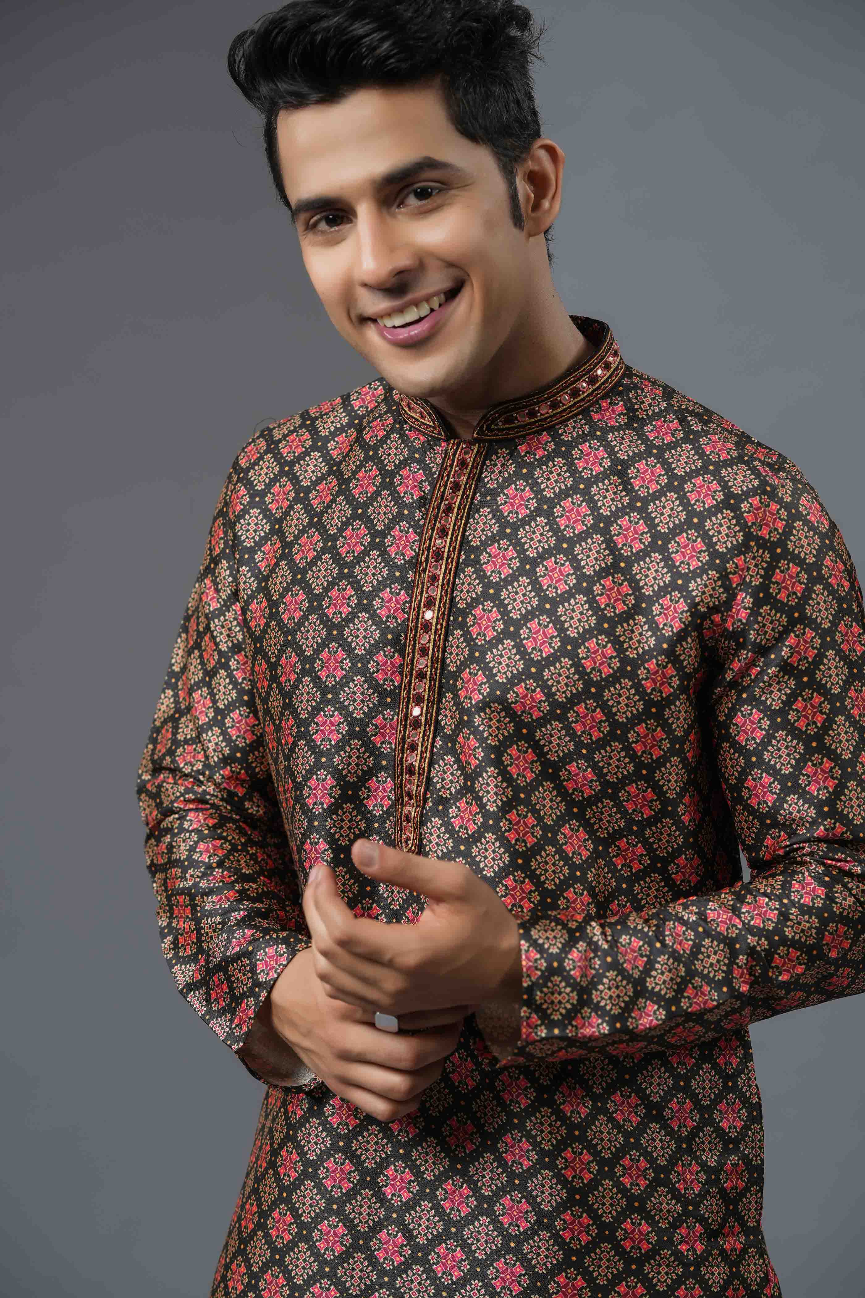 Black Printed Kurta with Mirror Handwork