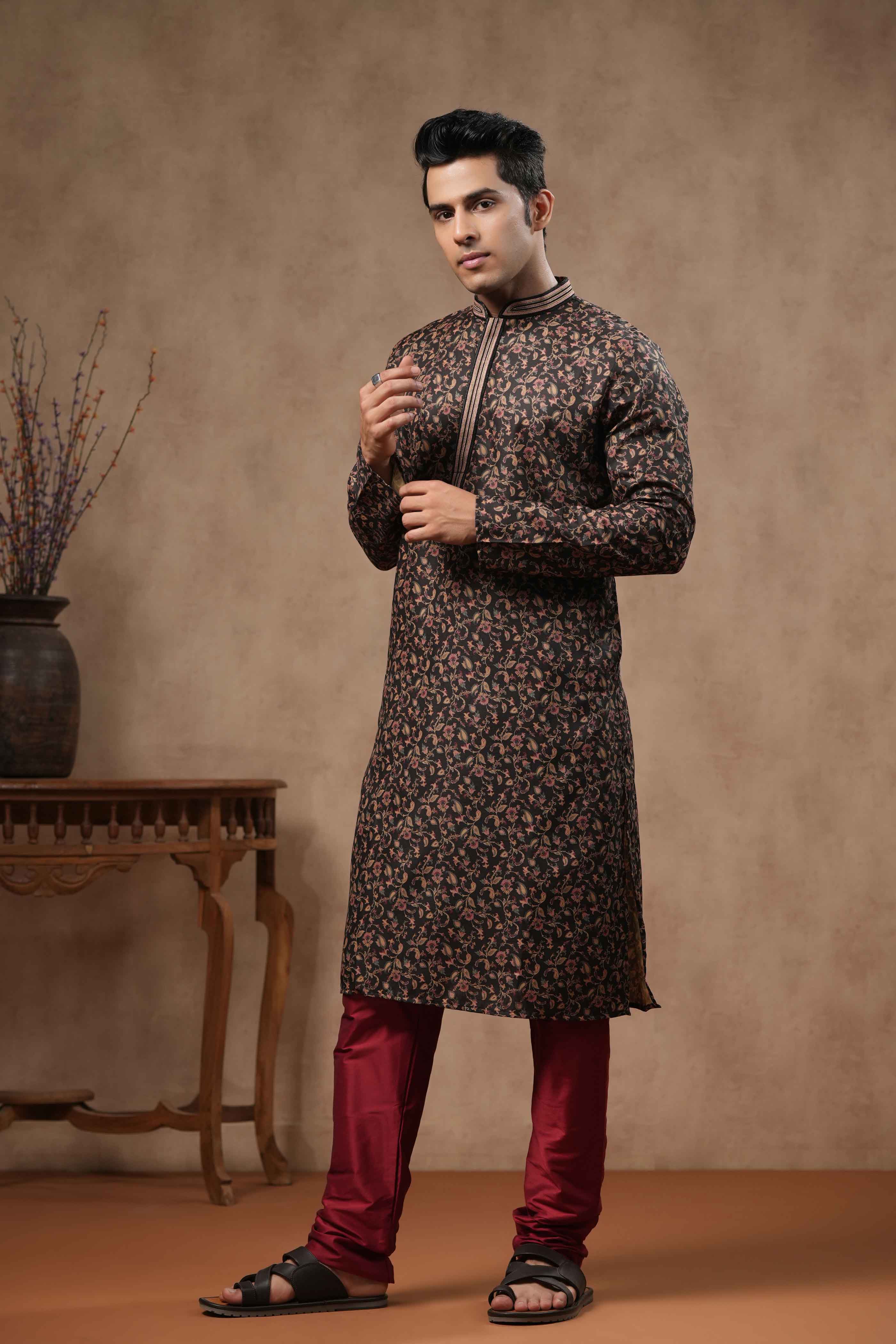 Black Floral Printed Kurta