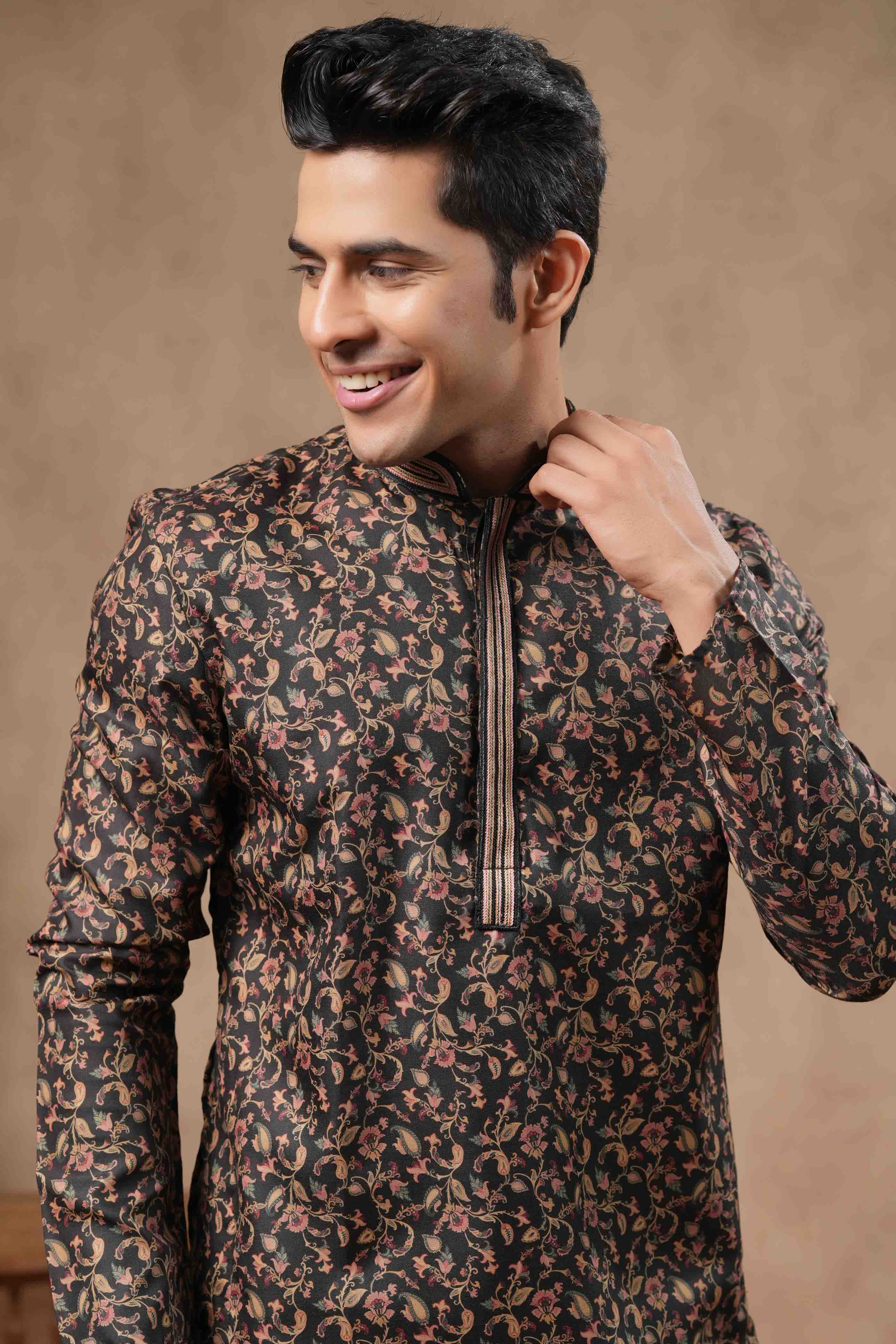 Black Floral Printed Kurta