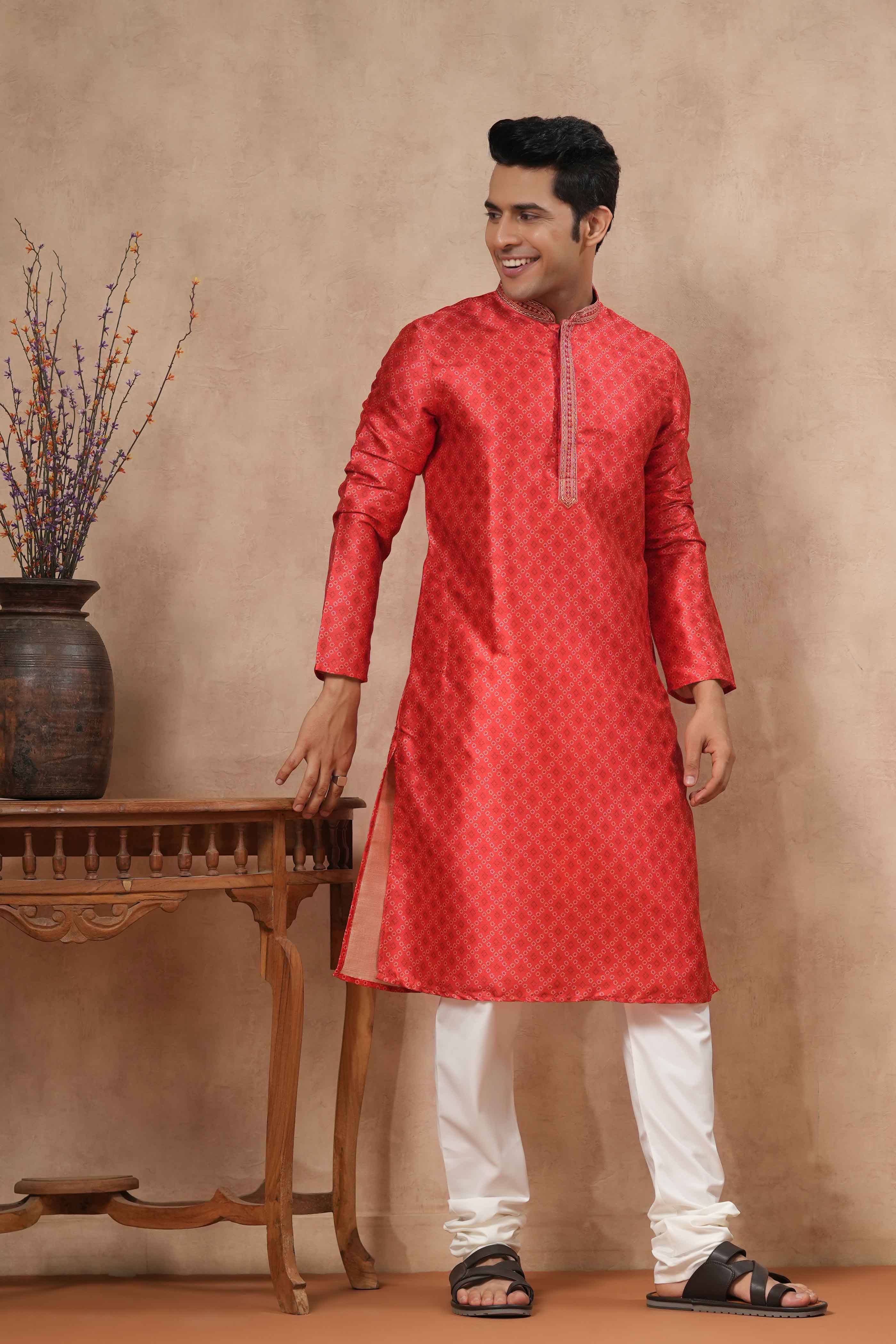 Red Geometric Bandhani Kurta