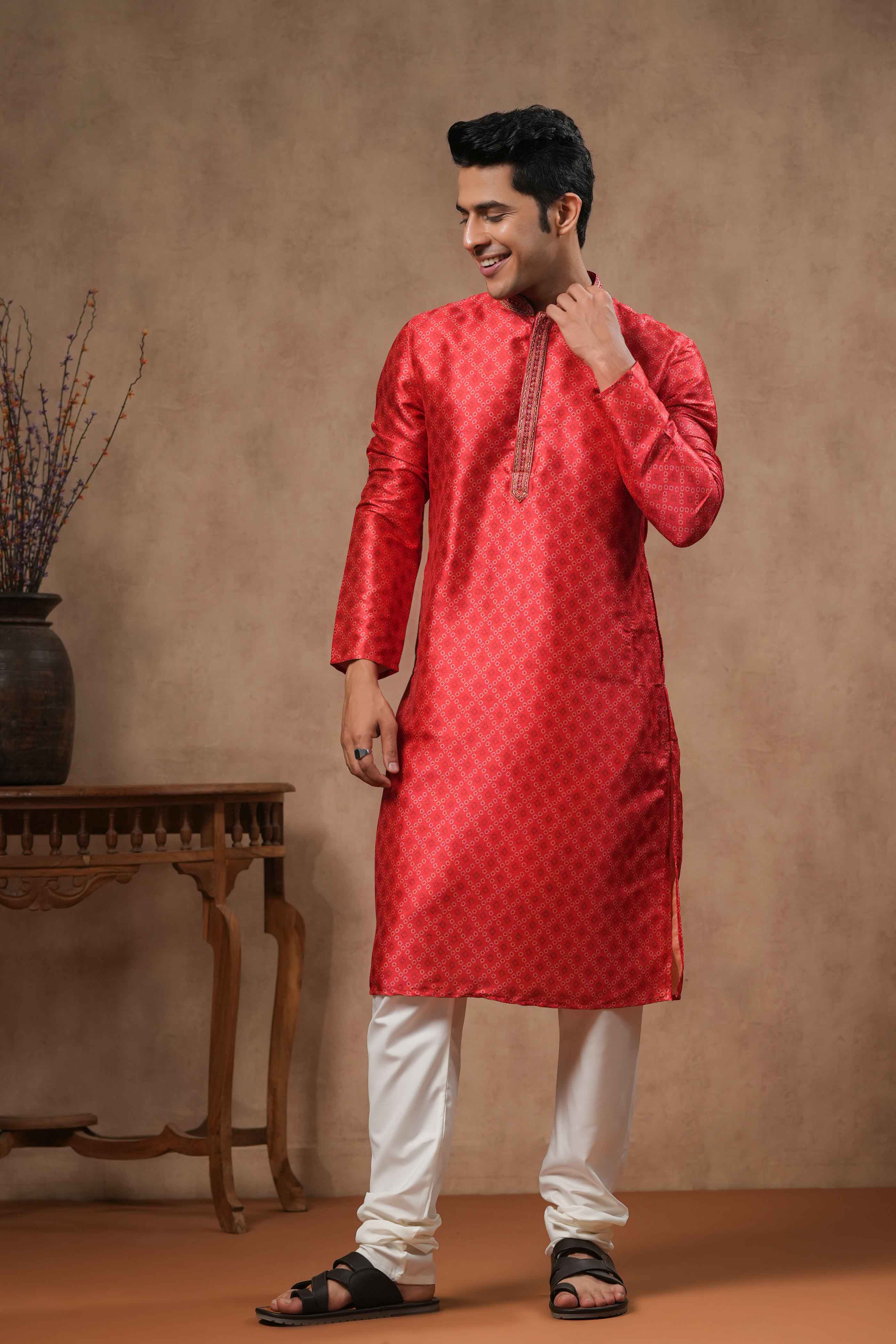 Red Geometric Bandhani Kurta