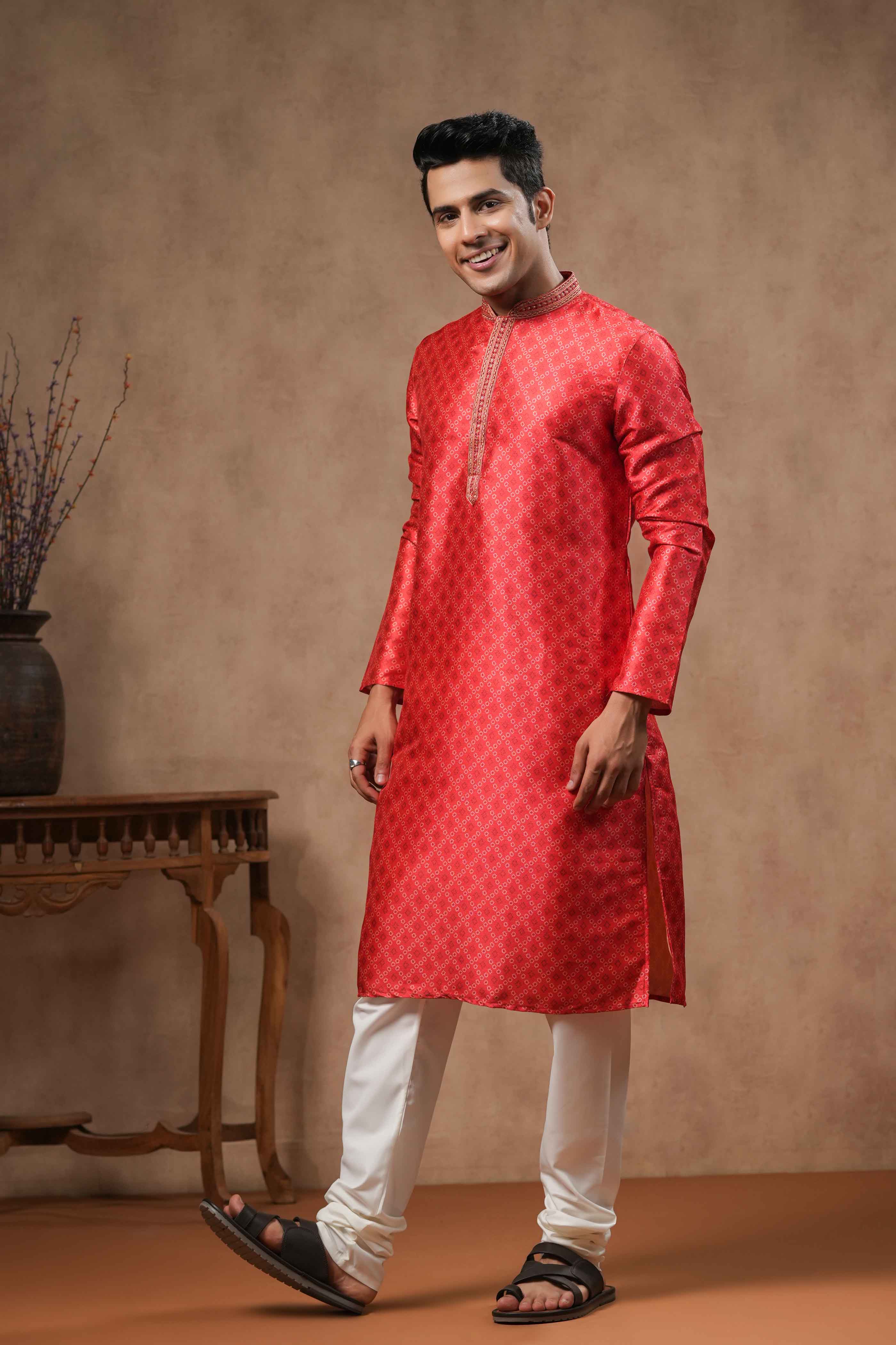 Red Geometric Bandhani Kurta