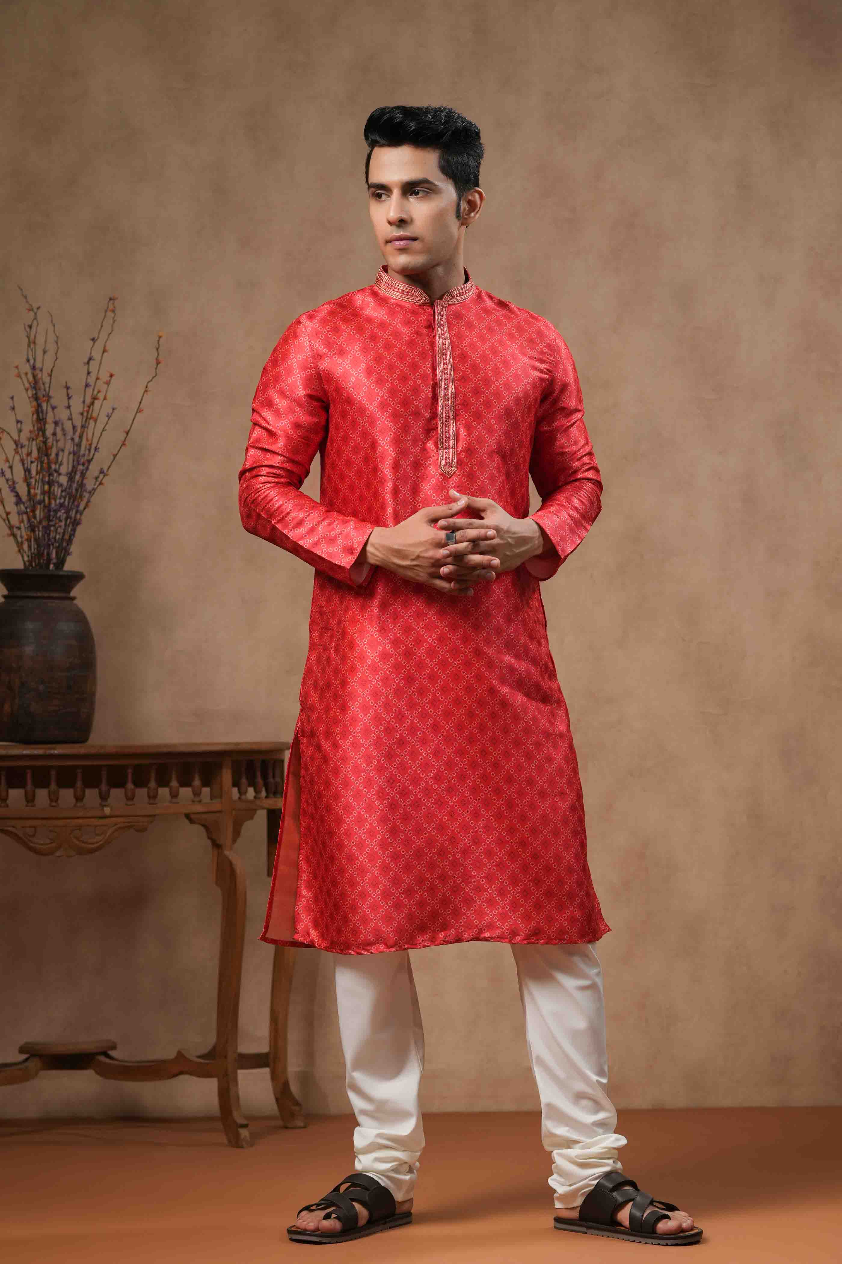 Red Geometric Bandhani Kurta