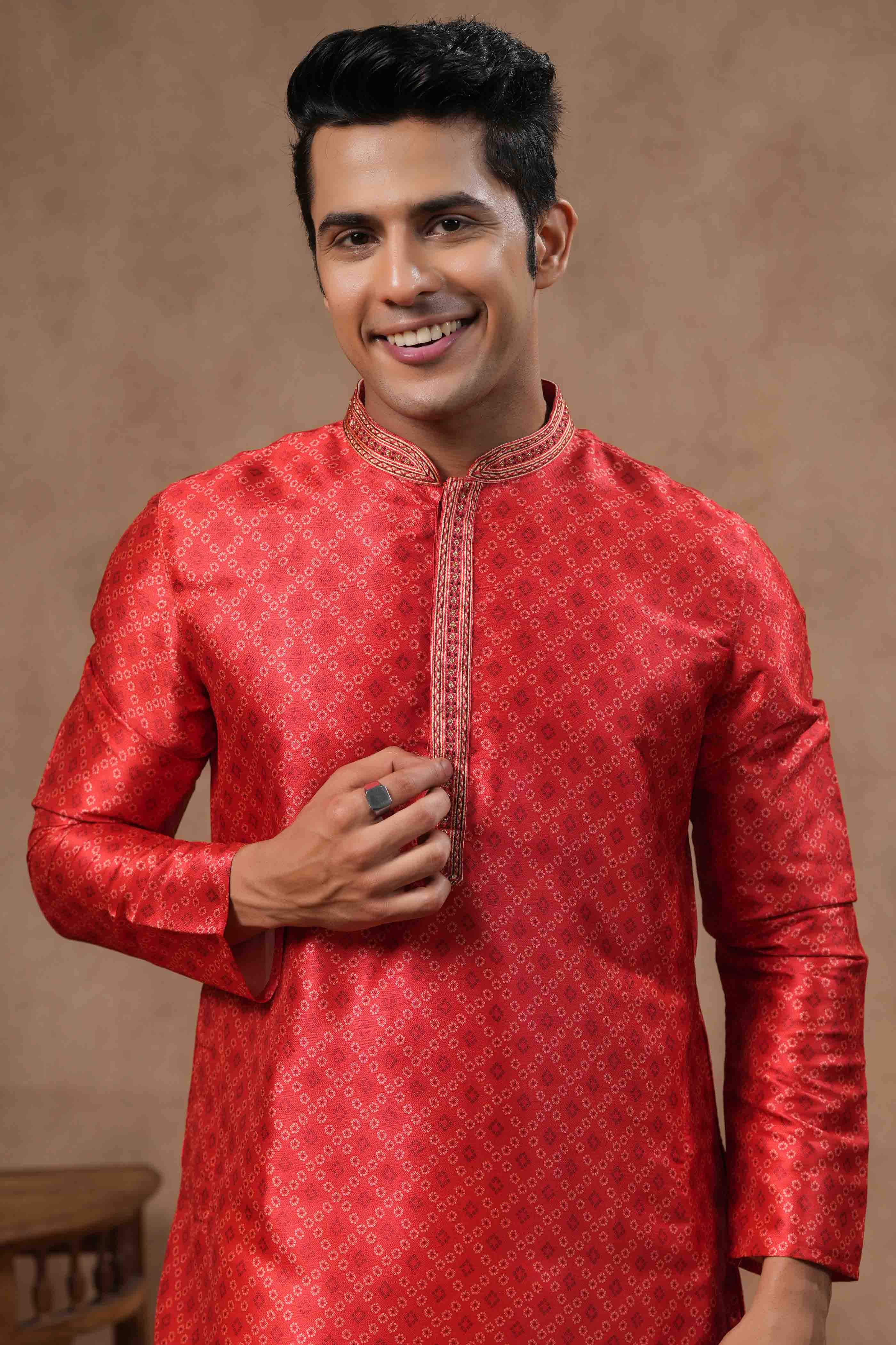 Red Geometric Bandhani Kurta