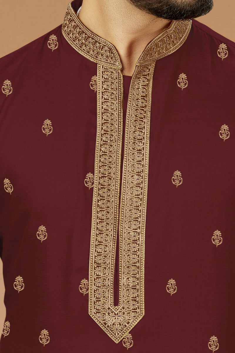 Men Maroon Embroidery Long Kurta And Pajama Set