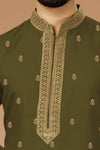 Men Mehandi Color Embroidery Polyester Long Kurta Pajama Set