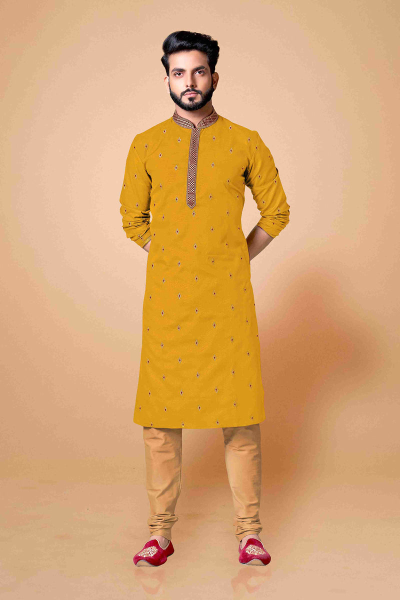Men's long Yellow Embroidered Kurta Pajama Set